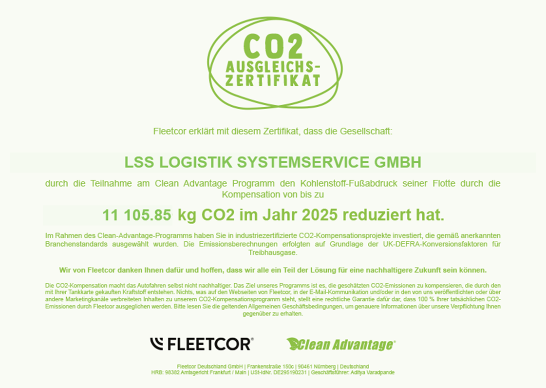 LSS CO2 Kompensation Zertifikat